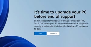 Upgrade prompt for Windows 10 users highlighting end of support on October 14, 2025, with options to get or schedule Windows 11.