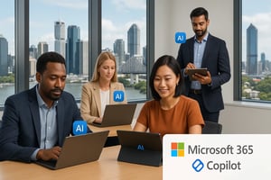 Brisbane business professionals collaborating in modern office using Microsoft 365 Copilot AI assistant on laptops and tablets with productivity icons
