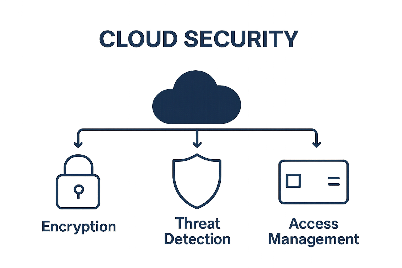 Infographic showing encryption, threat detection, and access management as cloud security pillars.