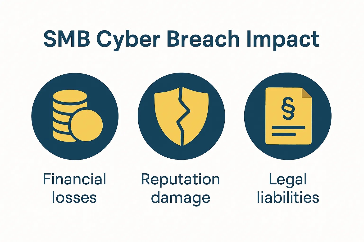 Infographic showing financial losses, reputation damage, and legal risks from SMB cyber breaches