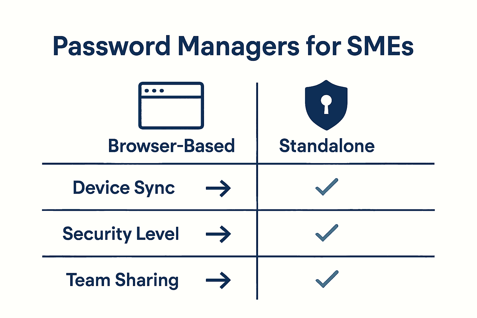 Comparison infographic: browser vs standalone password managers for small businesses