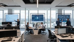 Modern office environment showcasing professionals collaborating on cloud computing solutions, with large digital displays illustrating data analytics and cloud service metrics, relevant to cloud migration for Brisbane SMEs.