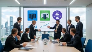 Business meeting discussing co-location, on-premise, and cloud solutions, featuring a presentation with graphs and icons representing cloud services, in a modern office setting with Brisbane skyline view.