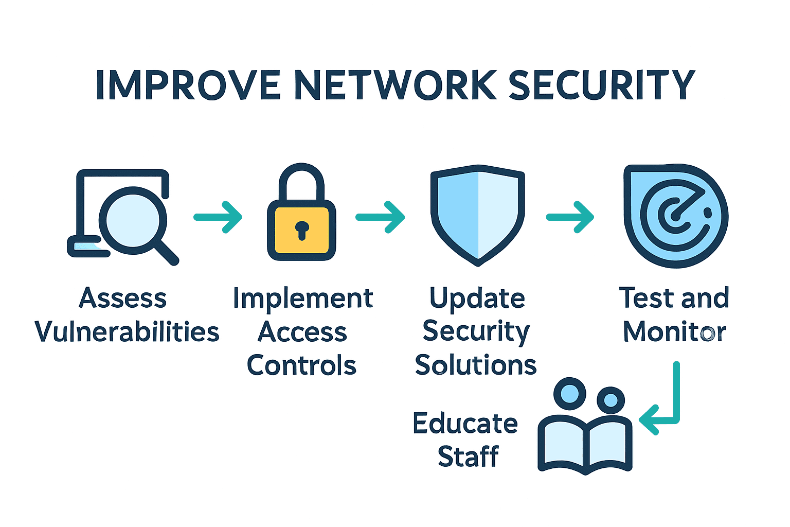 Five-step infographic illustrating network security improvement process for Brisbane SMEs.