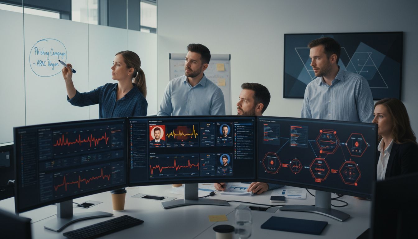 Team analyzing cybersecurity data in a modern office, discussing phishing campaigns and threat intelligence, with multiple screens displaying threat metrics and analytics.