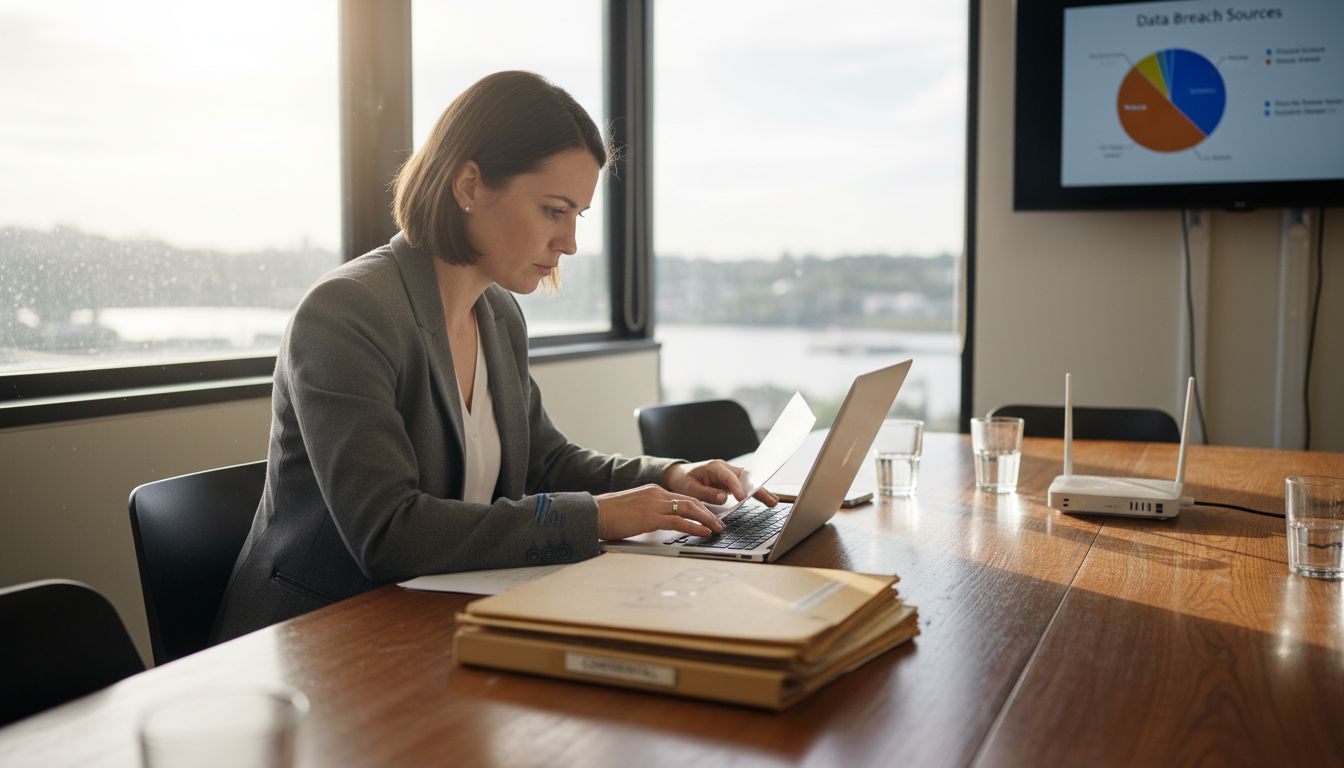 Woman reviews data security SME workspace