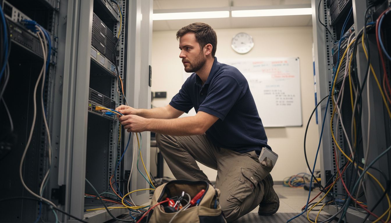 Technician isolating servers during cyber response