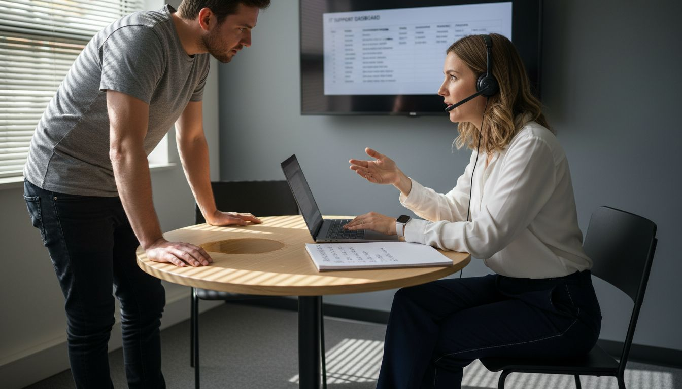 IT engineer talking with colleague in workspace