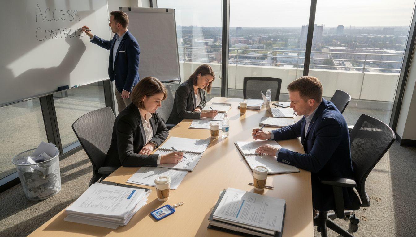 Team discussing security policies in meeting room