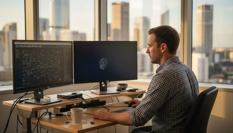 IT manager in Brisbane office reviewing security monitoring