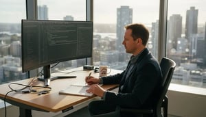 Cyber security analyst at corner office desk