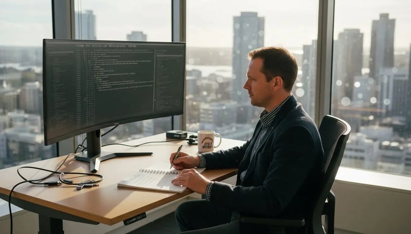 Cyber security analyst at corner office desk