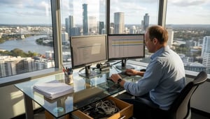 Brisbane office worker with cyber security setup