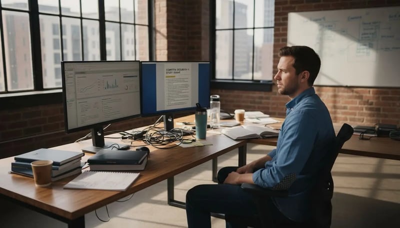 Cybersecurity analyst studying for certifications at office desk