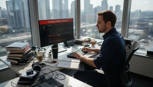 Cybersecurity analyst at cluttered office desk