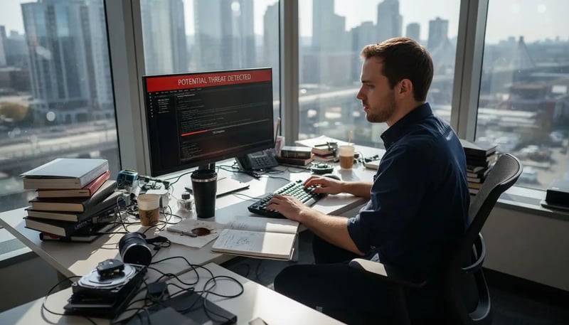 Cybersecurity analyst at cluttered office desk