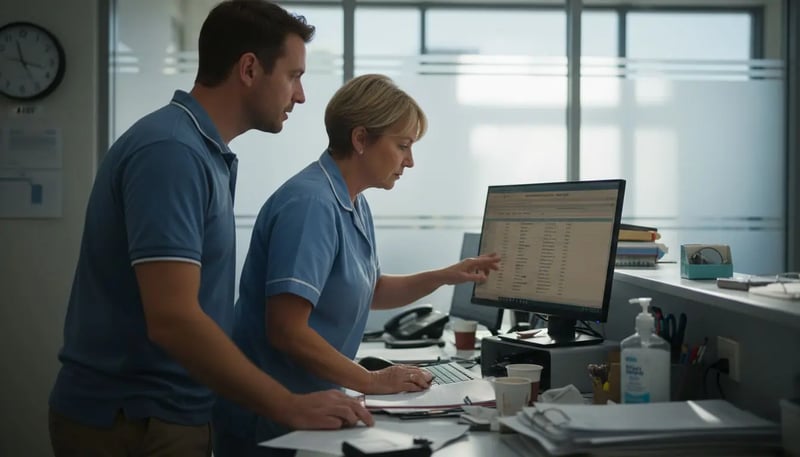 Nurse and IT staff review cyber security at workstation