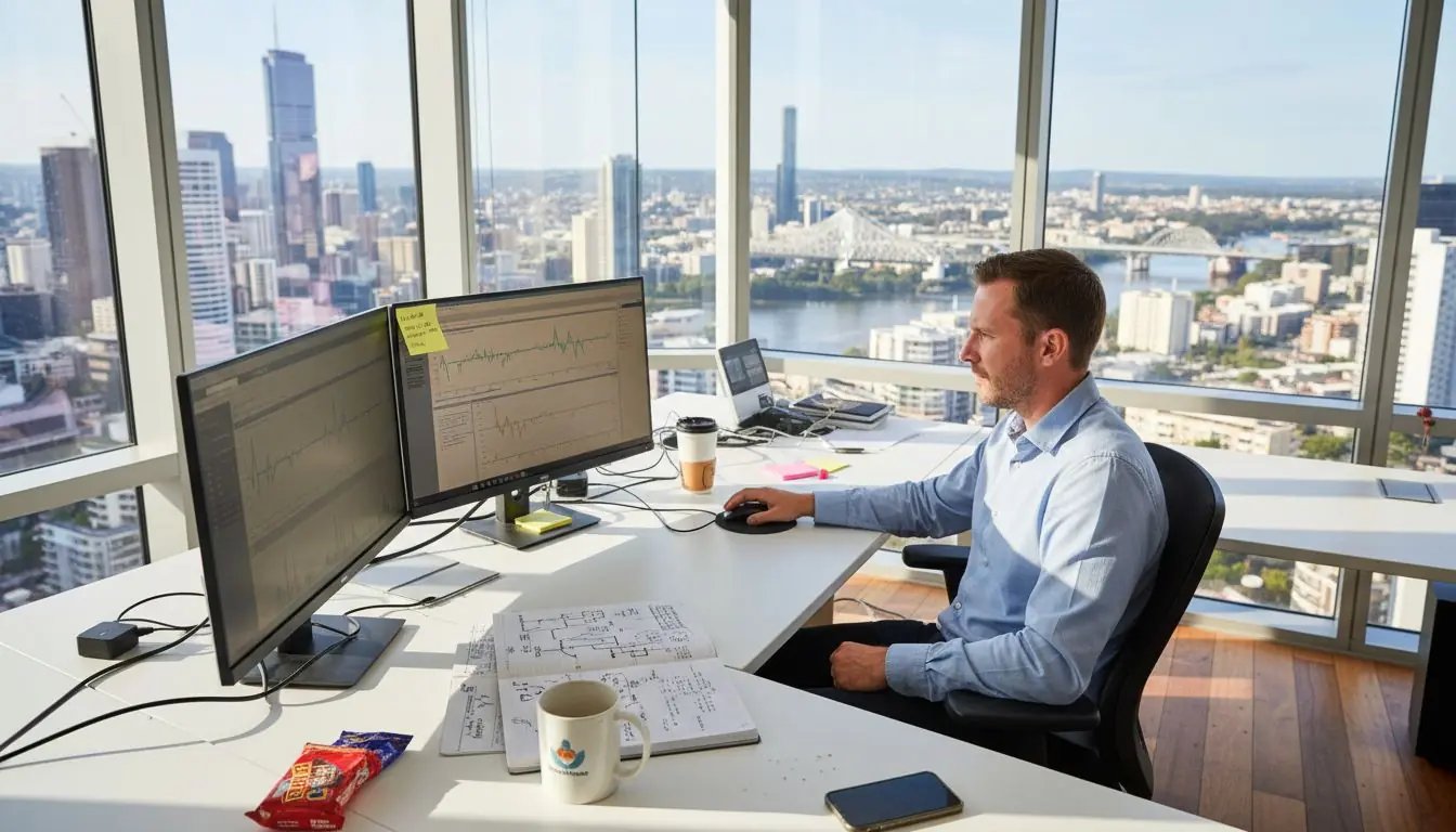 IT manager monitoring cyber security in Brisbane office