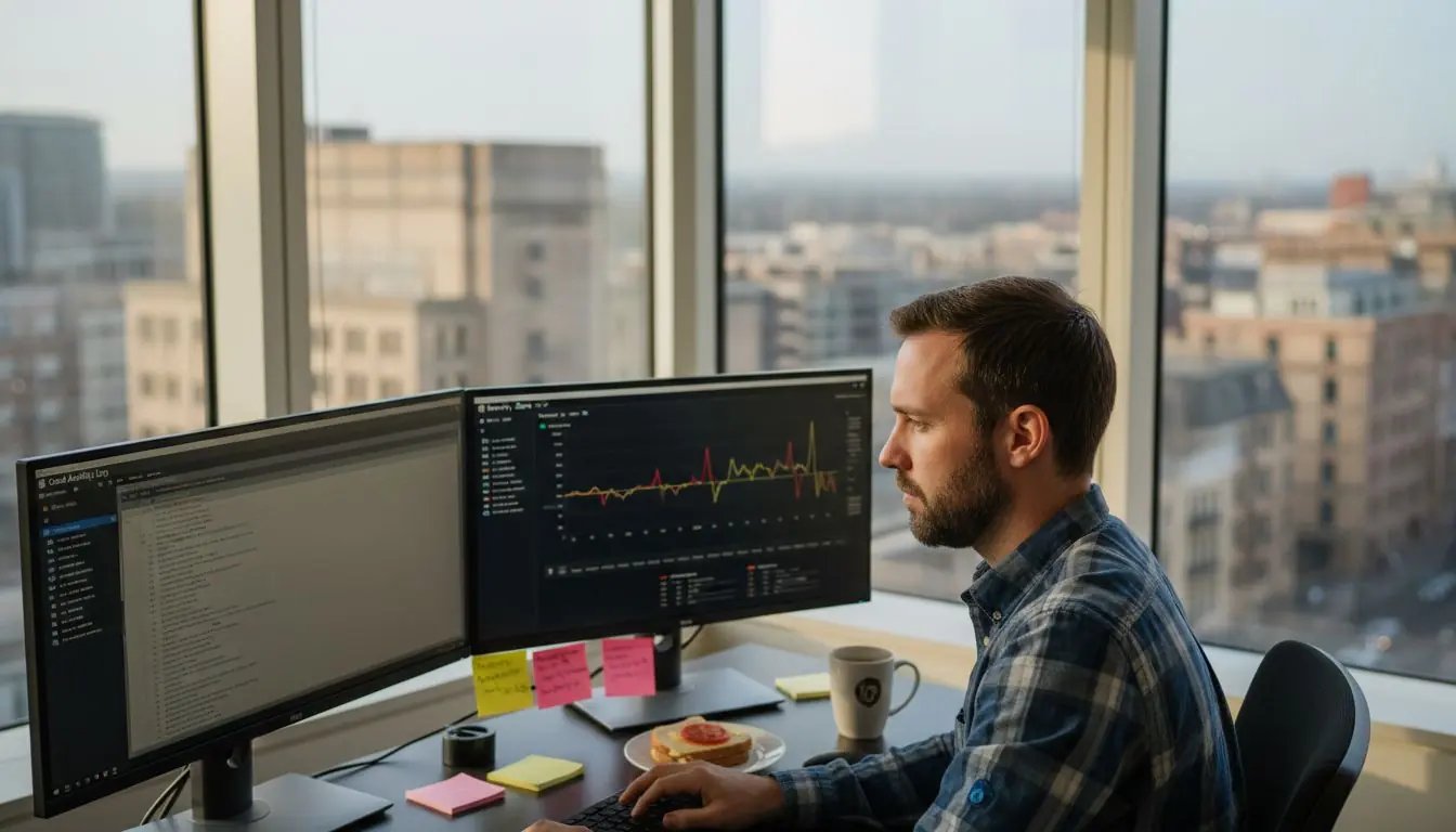 IT analyst monitoring cloud security dashboard