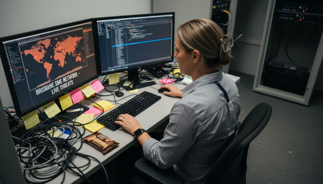 Analyst watching cyber threats in small IT room
