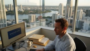 Brisbane office worker checks computer security dashboard