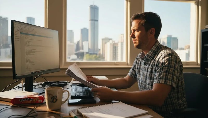 Brisbane business owner checking cyber security at desk