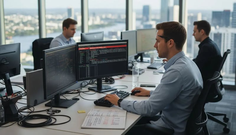 Cyber security analyst monitors network in office