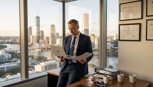 Business professional reviewing documents and using a laptop in an office with a view of Brisbane's skyline, emphasizing data protection and compliance for financial firms.