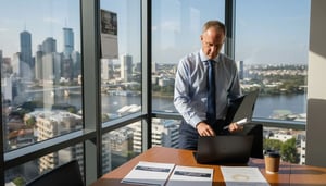 Business professional working on a laptop in a modern office with a view of Brisbane's skyline, emphasizing data security and compliance for local SMEs.