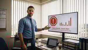Man in office shirt presenting data security alert on monitor, showing access alert and bar graph, illustrating data protection for Brisbane SMEs.