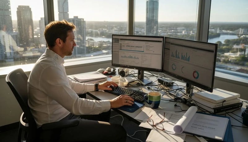 IT auditor reviewing cyber security audit in bright office