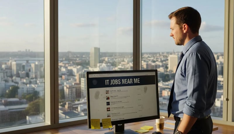 Office worker viewing IT job listings near city window