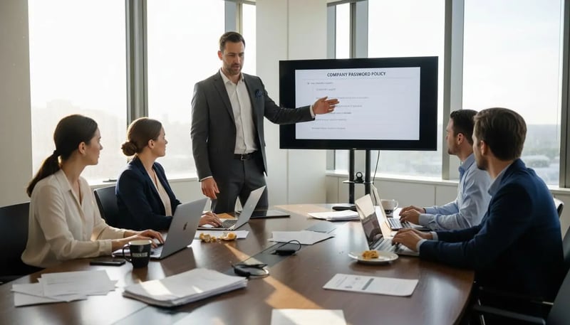 IT manager leading cybersecurity meeting in office