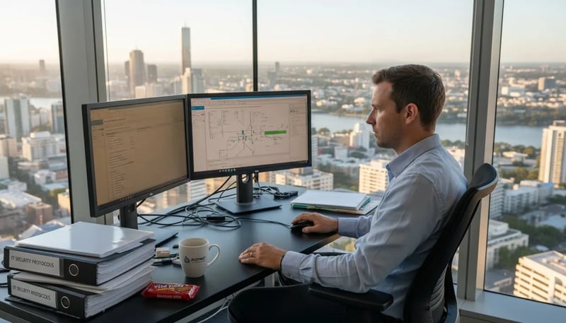IT manager reviewing data security reports in office