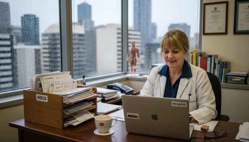 GP at desk in Brisbane clinic office