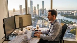 IT professional at desk with Brisbane view