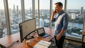 Brisbane manager viewing cloud dashboard with city view
