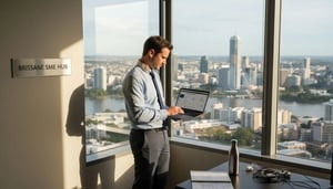 Business professional using a laptop in a high-rise office with a view of Brisbane's skyline, representing data protection and IT management for SMEs.