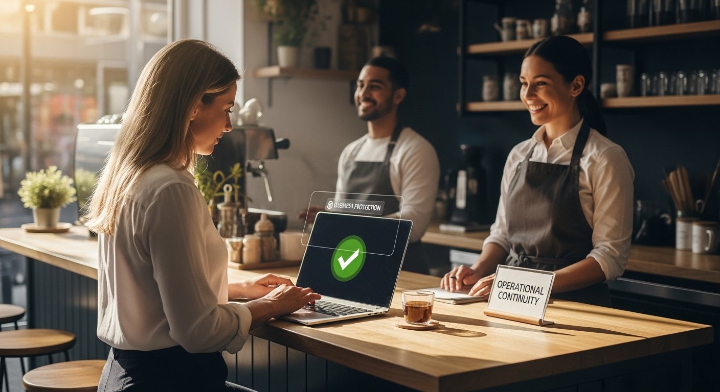Woman using laptop in café with "Business Protection" icon and "Operational Continuity" sign, highlighting cybersecurity's role in fostering customer trust and digital safety.