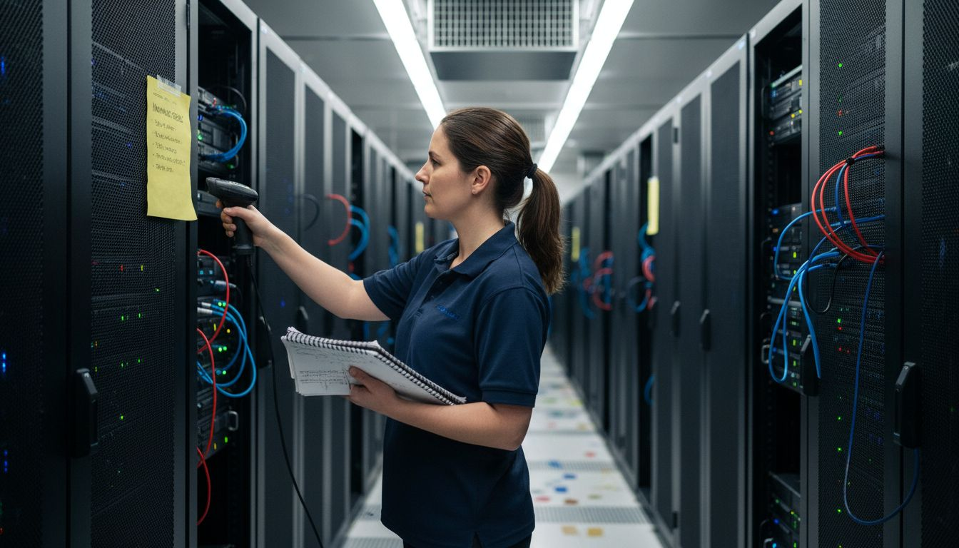 Technician inspecting racks in Brisbane data centre