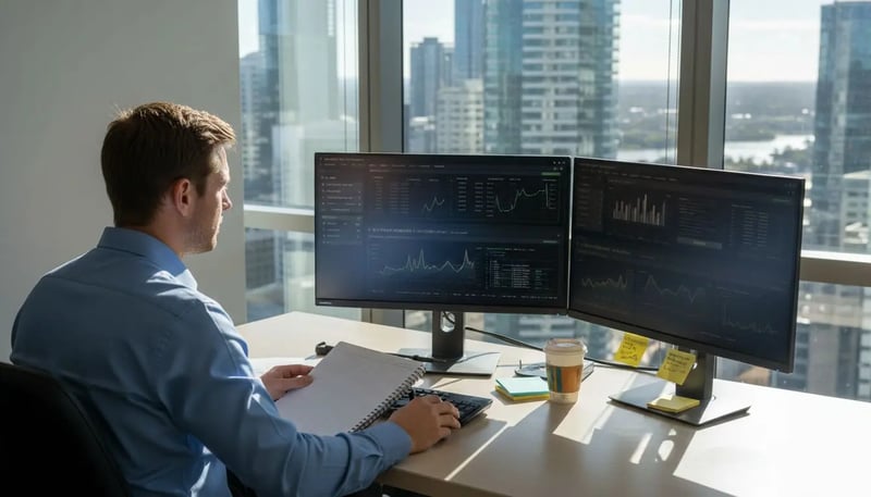 IT manager reviewing cybersecurity alerts in Brisbane office