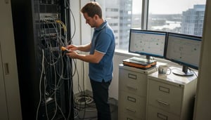 Technician checks network security in Brisbane office