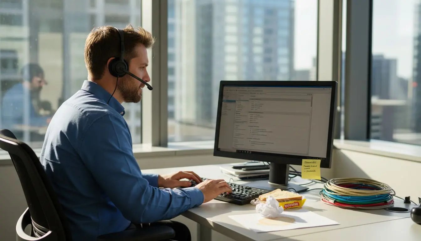 IT technician at help desk in corner office
