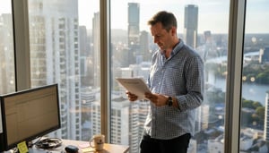 Man reviewing documents in a high-rise office with a view of Brisbane, emphasizing business data protection and compliance for SMEs.