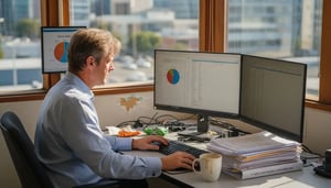 Man working at desk with dual monitors displaying data charts, coffee mug, and documents, illustrating business data protection workflow for Brisbane SMEs.
