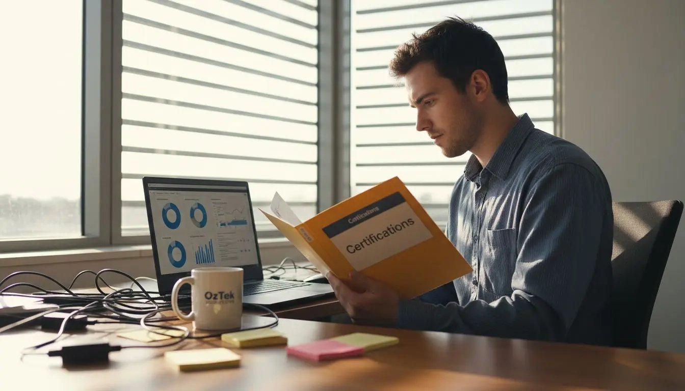 Cyber security professional reviewing certifications folder