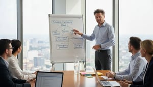 Business meeting with a presenter explaining a cyber security strategy on a whiteboard, surrounded by attentive colleagues in a modern office setting.