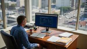 Man working at desk with computer displaying cybersecurity dashboard, overlooking cityscape, emphasizing remote work security for Queensland SMEs.