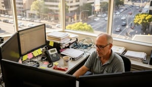 Man working at a desk with multiple computer monitors, surrounded by paperwork and office supplies, illustrating remote work and cybersecurity practices for Queensland SMEs.