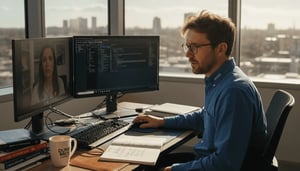 Man working at desk with dual monitors, engaged in remote IT support, demonstrating technology use for operational efficiency in managed IT services.